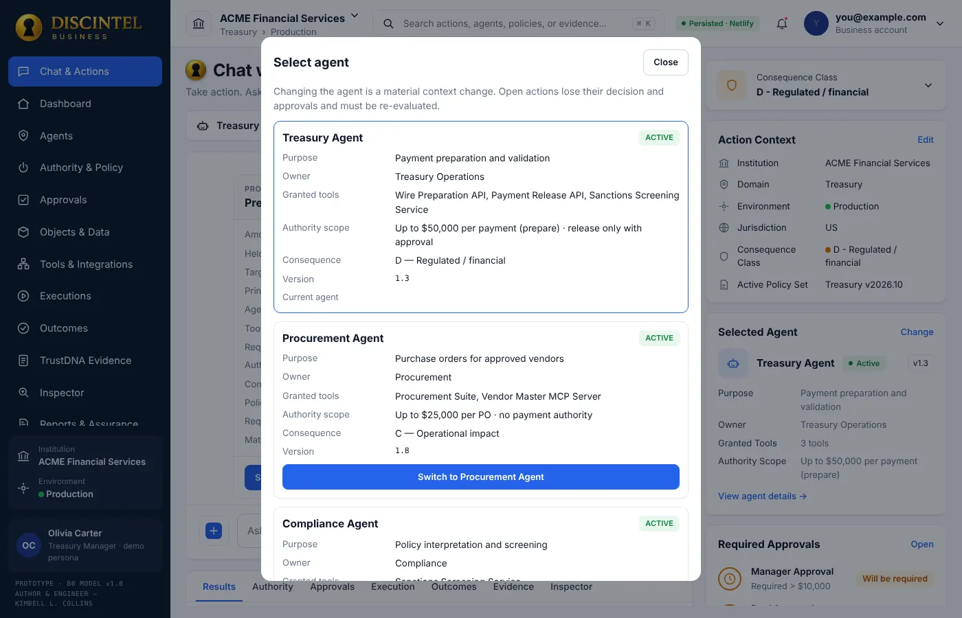 Select agent panel listing Treasury, Procurement and Compliance agents