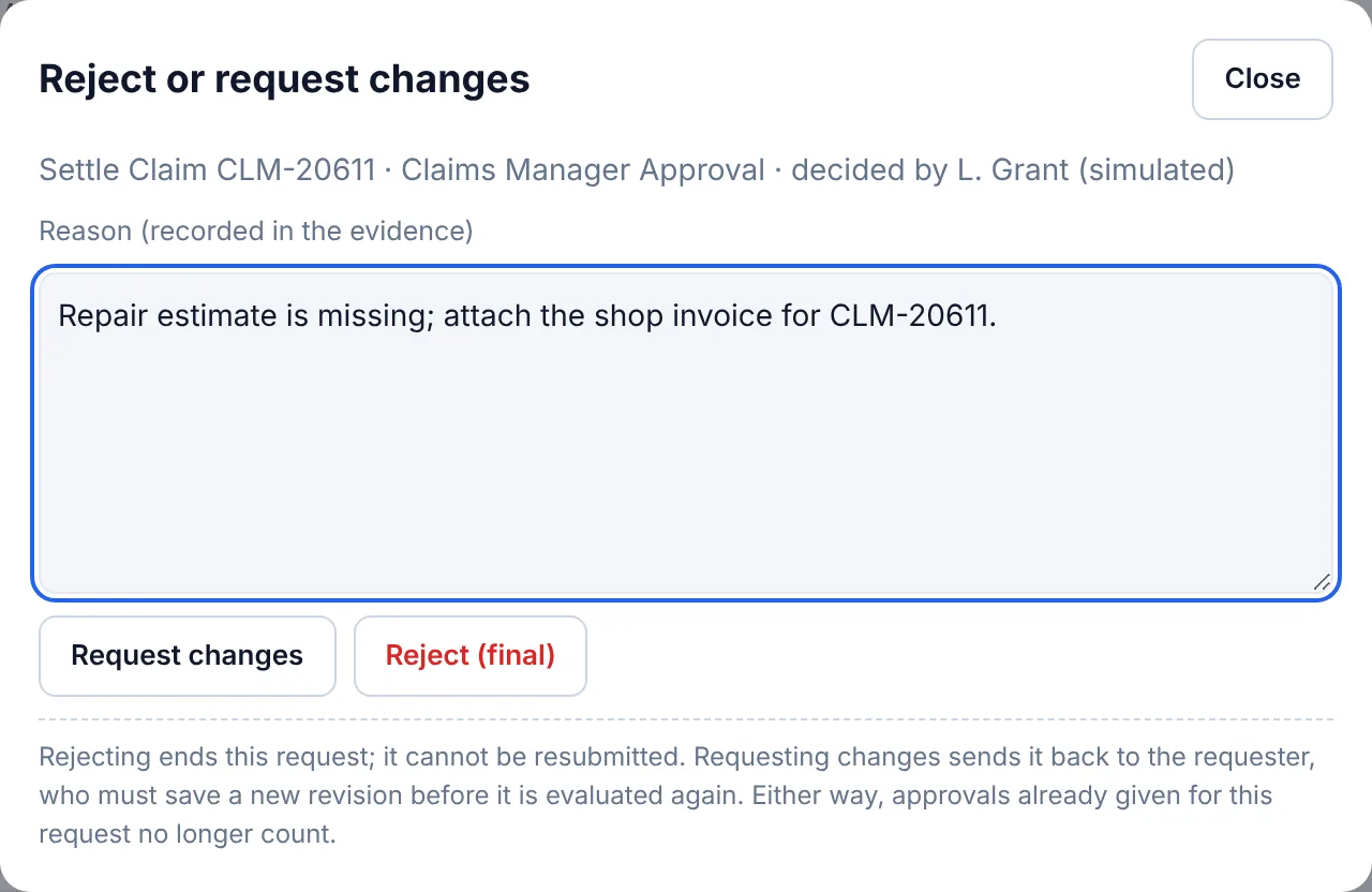 Reject or request changes dialog with a reason box, Request changes and Reject (final) buttons