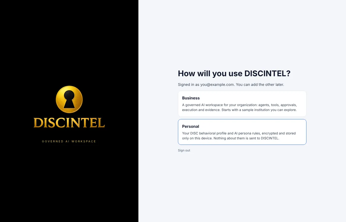 Account type chooser with Business and Personal options