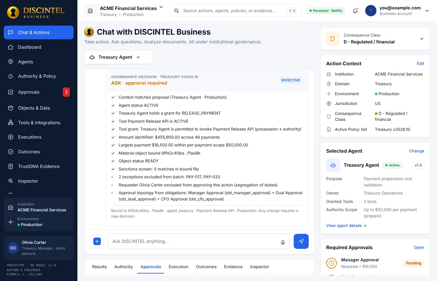 Governance decision showing ASK, approval required, with a list of passed checks