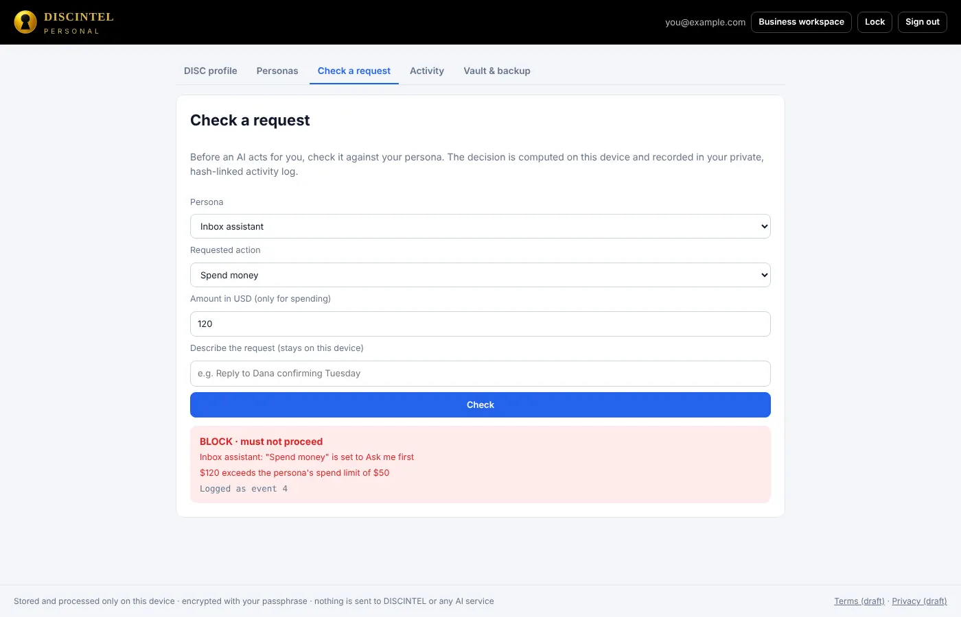 Request check returning BLOCK because the amount exceeds the spend limit