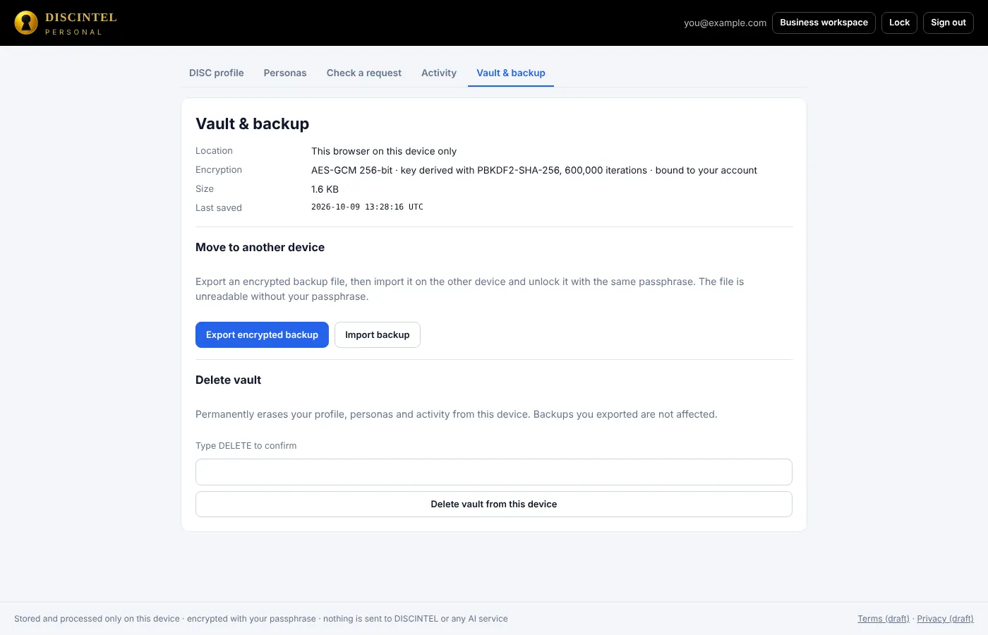 Vault and backup screen with export, import and delete