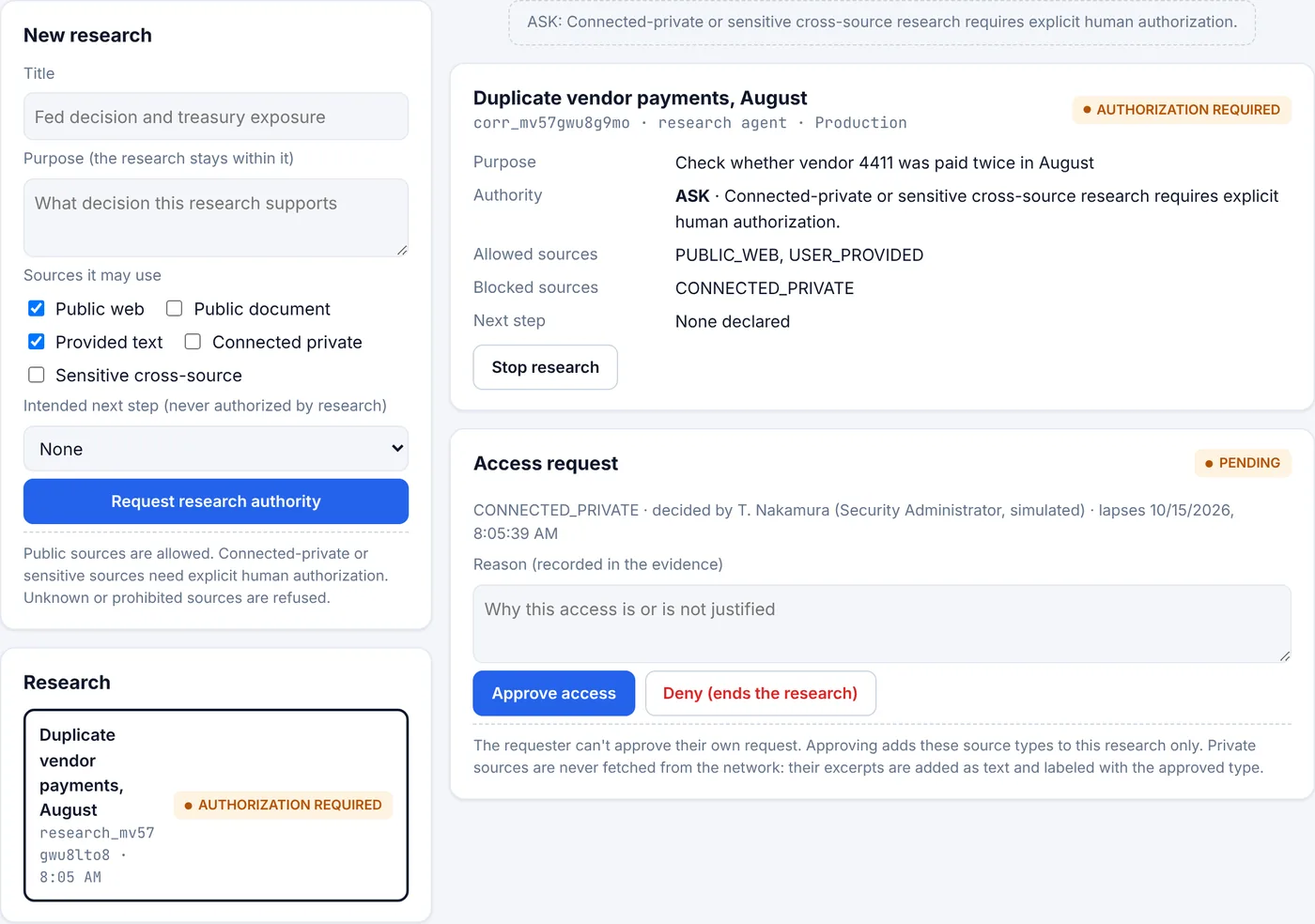 Research awaiting authorization with an Access request card, reason box, Approve access and Deny buttons